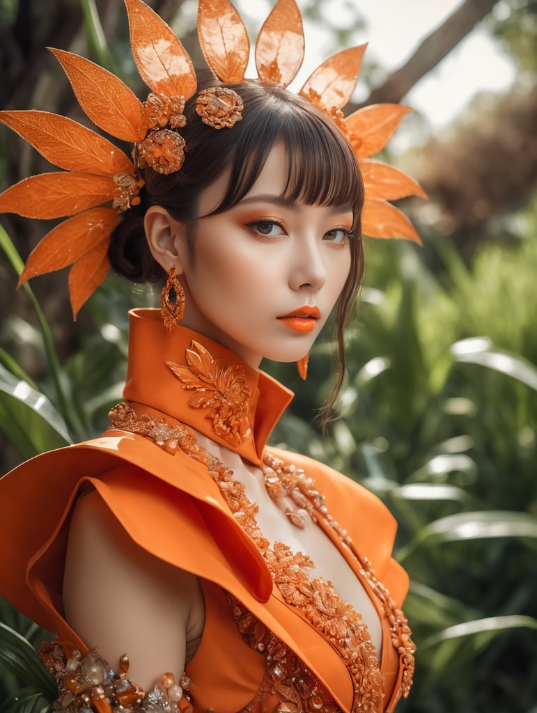 Girl in eco friendly haute couture outfit in the style of anime, surrealism, akira style. details. fine jewelry. eco friendly. orange vibe.