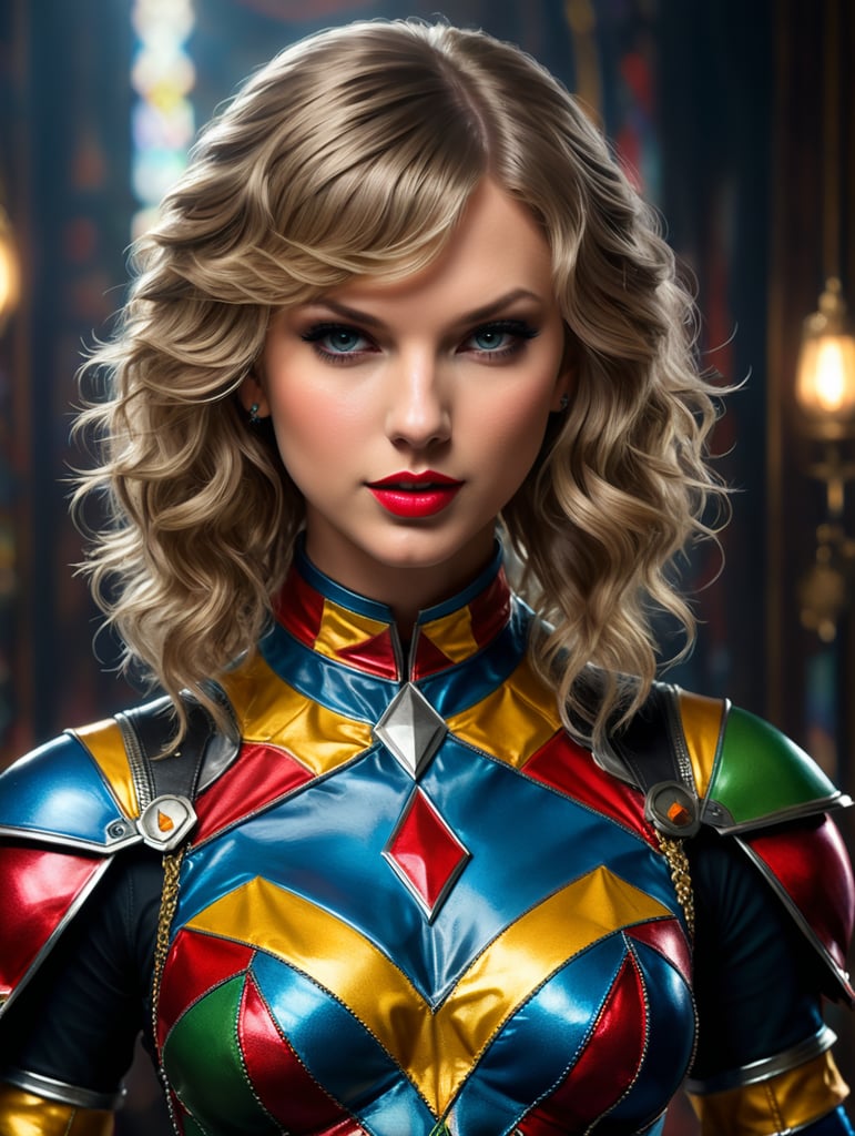 taylor swift as harlequin, DC, full body portrait, highly detailed