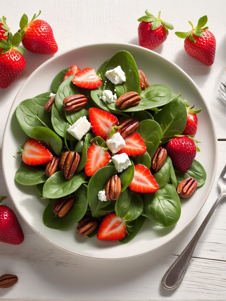 Spinach and Strawberry Salad, small plate on a wooden table, Description: A sweet and savory combination of fresh baby spinach, ripe strawberries, goat cheese, and candied pecans, often served with a balsamic vinaigrette.