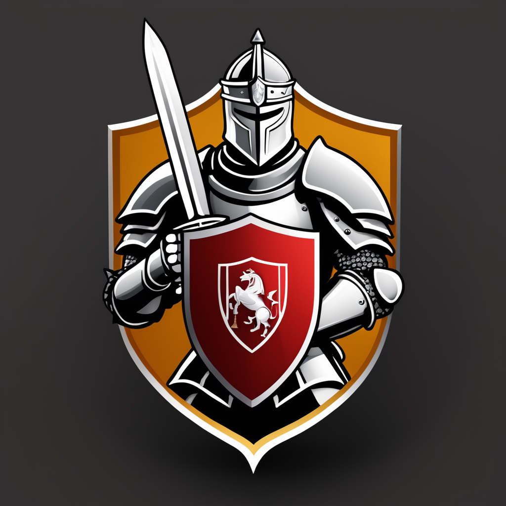 arafed knight with sword and shield logo design, strong fantasy knight, professional logo design, sword design, medieval knight, (((knight))), fantasy knight, holy crusader medieval knight, logo vector art, medieval holy crusader knight, armored knight, high quality character design, 3 d logo, logo design, knight, medieval fantasy game art, logo concept design, illustrated logo