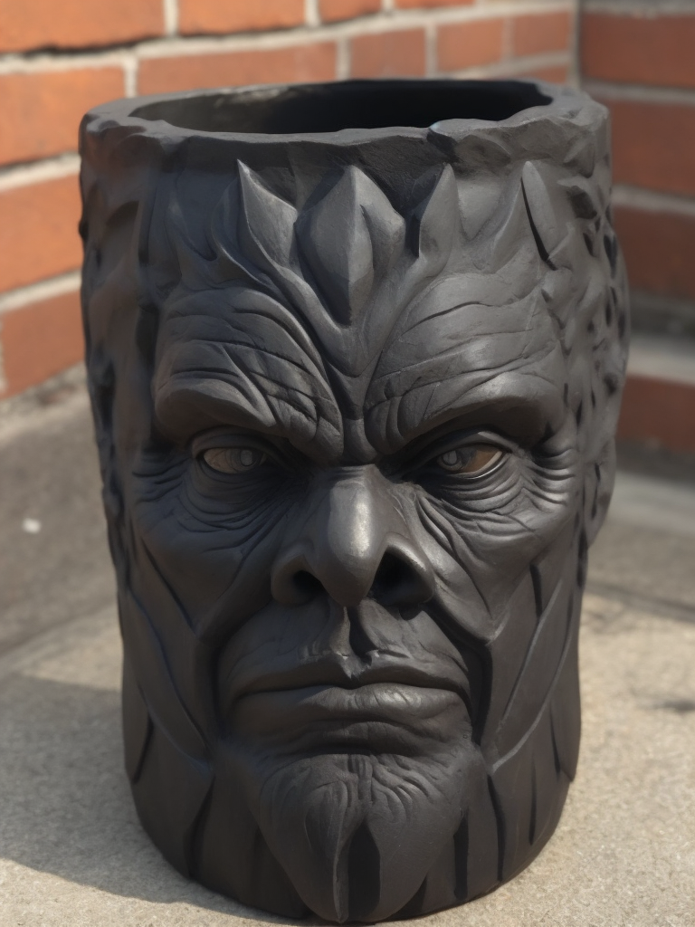 super hero flower pot, deep carved black clay, dark atbosphere