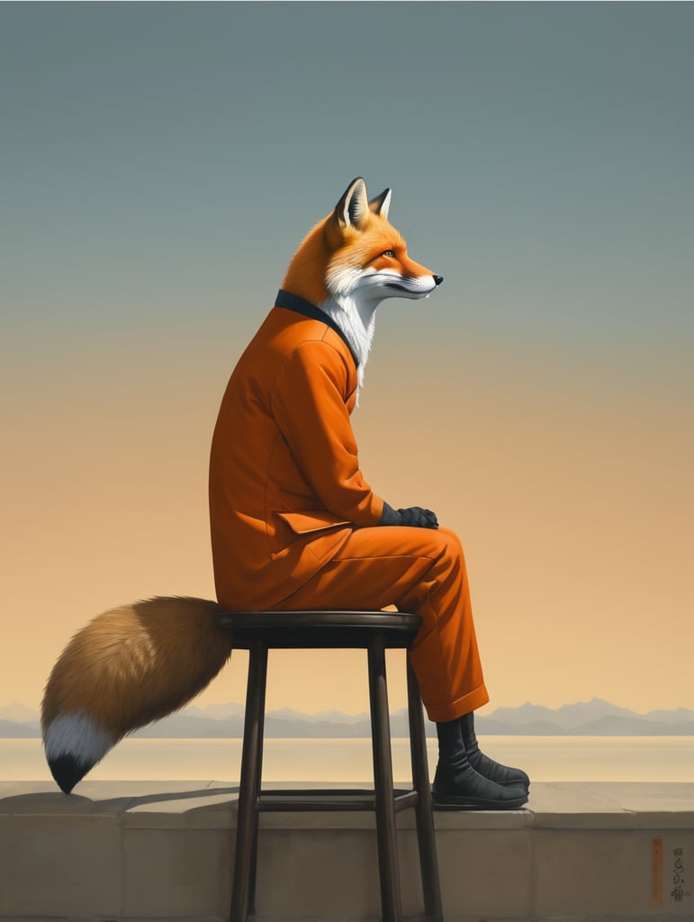 fox sitting on a chair looking to the horizon, illustration, painting, china, style of Liu Ye