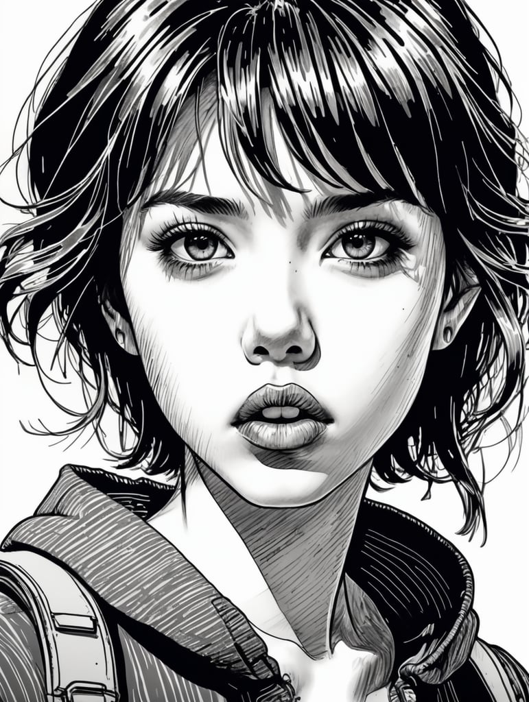 Scratchy pen strokes, blind contour, fisheye perspective closeup, beautiful girl, s face in darkness, stark hatch shaded sketchy scribbly, ink, strong angular shapes, woodcut shading, pen strokes, pouty lips, hungry eyes, minimalist realistic, anime proportions, distorted perspective