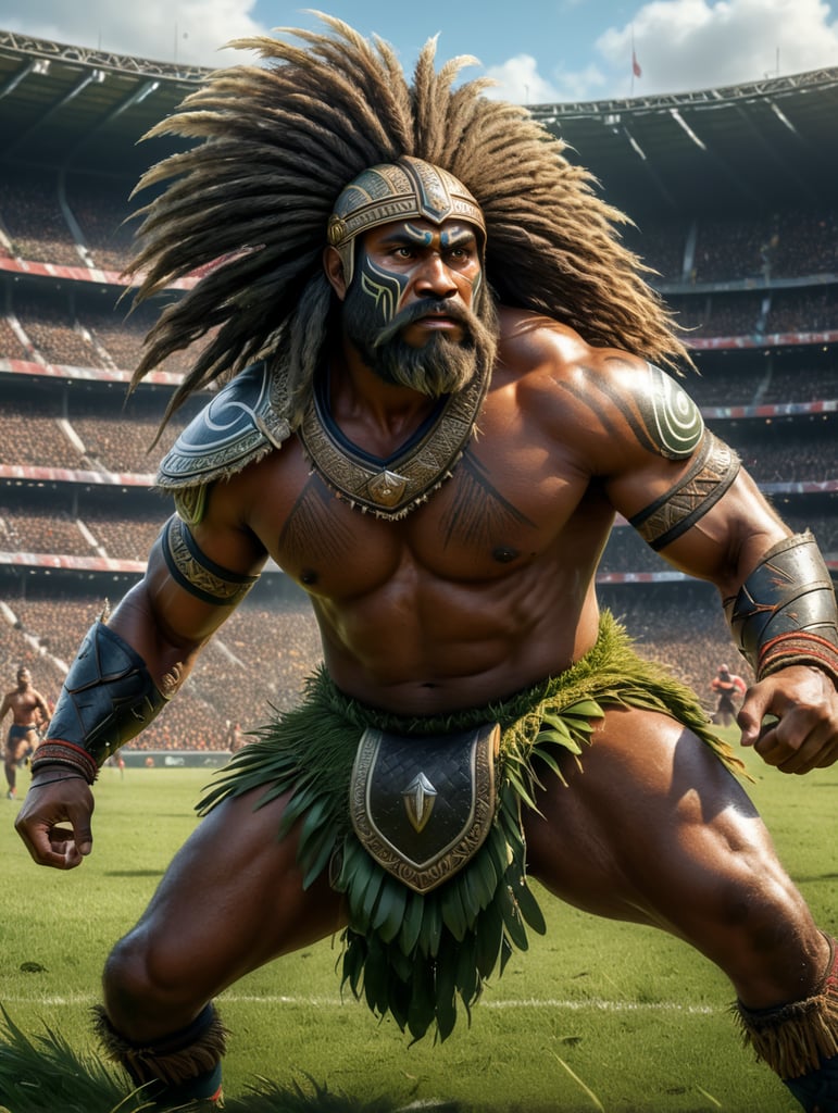 A Fijian warrior with long hair dressed in grass skirts playing rugby 🏉