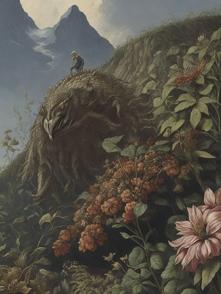 human nearly completely rotten crawling up a mountain to reach the last flower on earth by ernst haeckel