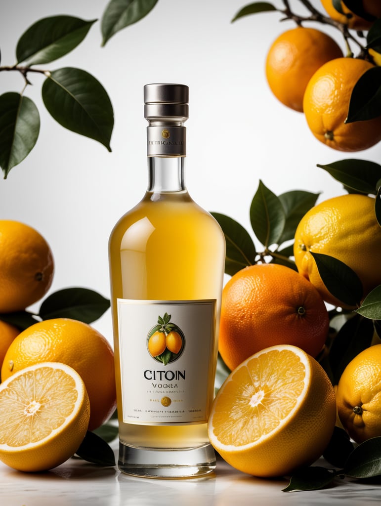 Packaging and branding for a citron vodka brand as if it had been designed by HI ESTUDIO with In a set design with citrus fruits, citrus fruits and dry citrus leaves.