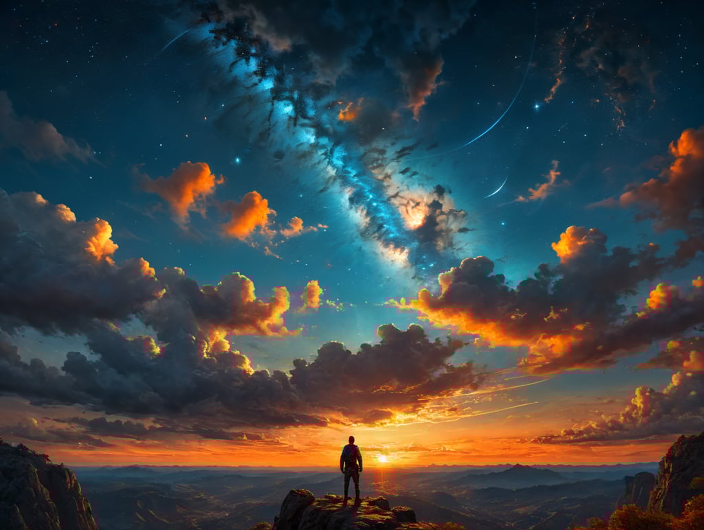 person looking at the magical orange blue sky with stars