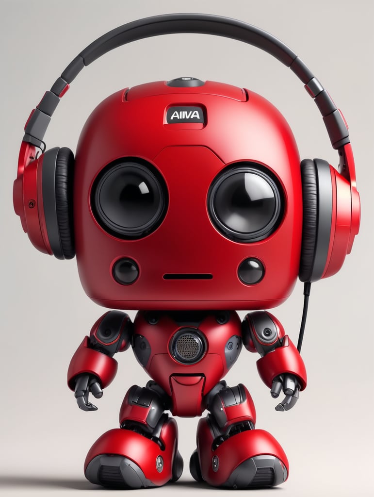 red robot that works in technology, named AIWA, with headphones, kind of cute, kind of strong