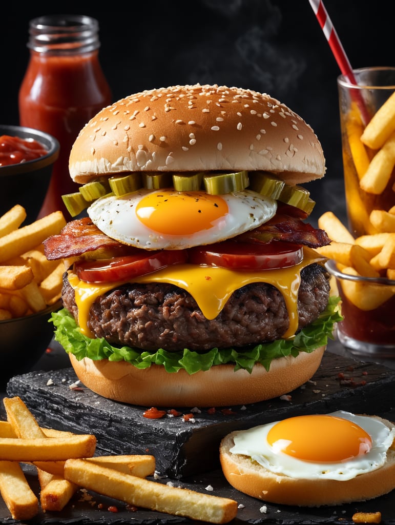 high quality cinematic food explosion hamburger with egg bacon cheese pickles ketchup fries