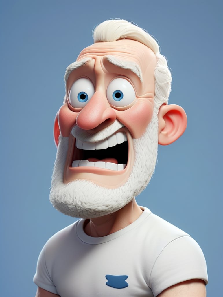 A middle-aged albino man wearing a white T-shirt, isolated, blue background, mockup, mock up