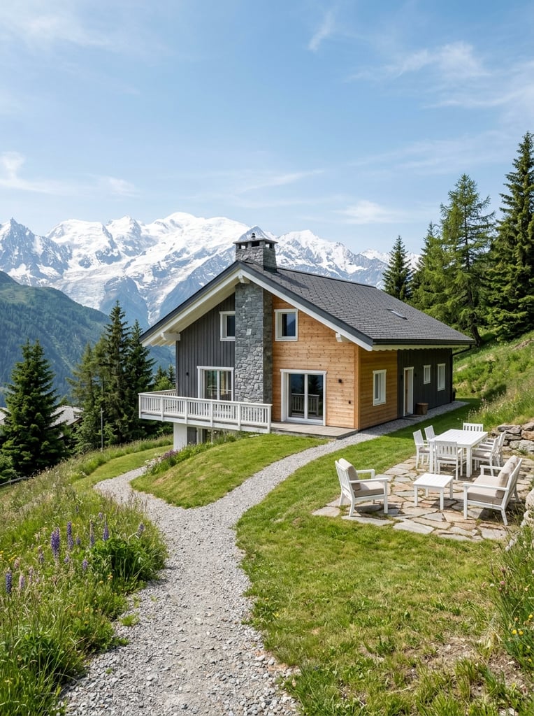 Modern rustic wooden house, dark gray and light timber siding, pitched shingle roof, white trim, tall gray chimney, white outdoor furniture on sloping grass, Y-shaped gravel path, evergreen trees, snow-capped mountains, bright blue sky, crisp daylight, photorealistic architectural render