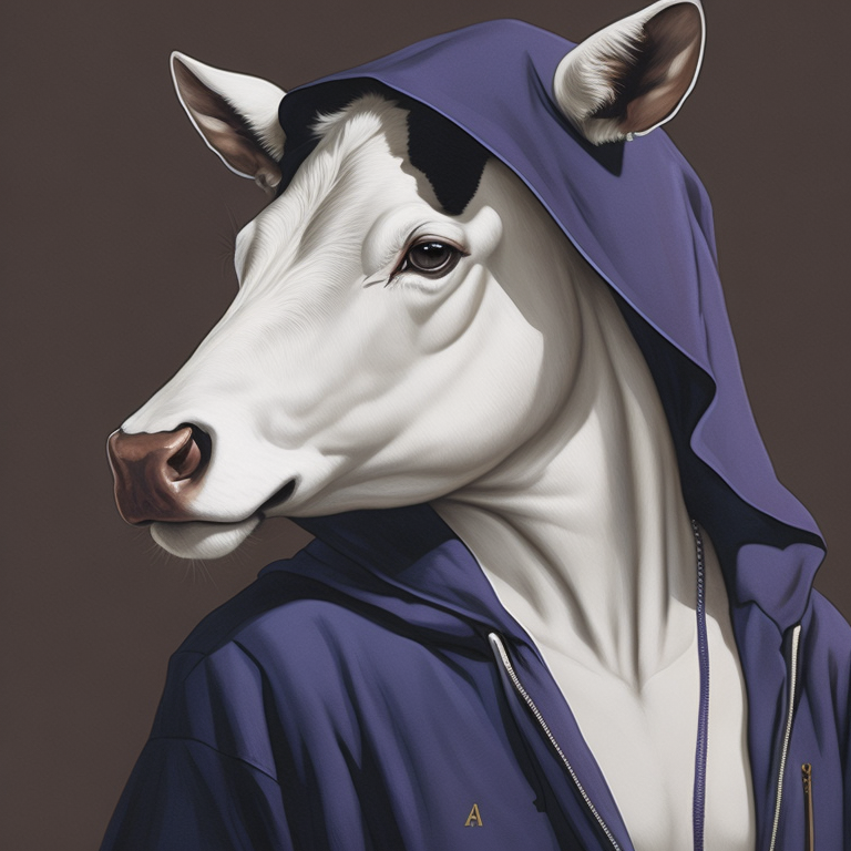white cow,portrait, blue hoodie, in violet hoodie, vintage, photorealistic illustration, vector, flat, isolated on white background, Painting, Oil, Still Life, Botanical, Italy, Acrylic, Hip Hop, y George Wilson is an eye-catching poster-style drawing and illustration representing the iconic pulp style.