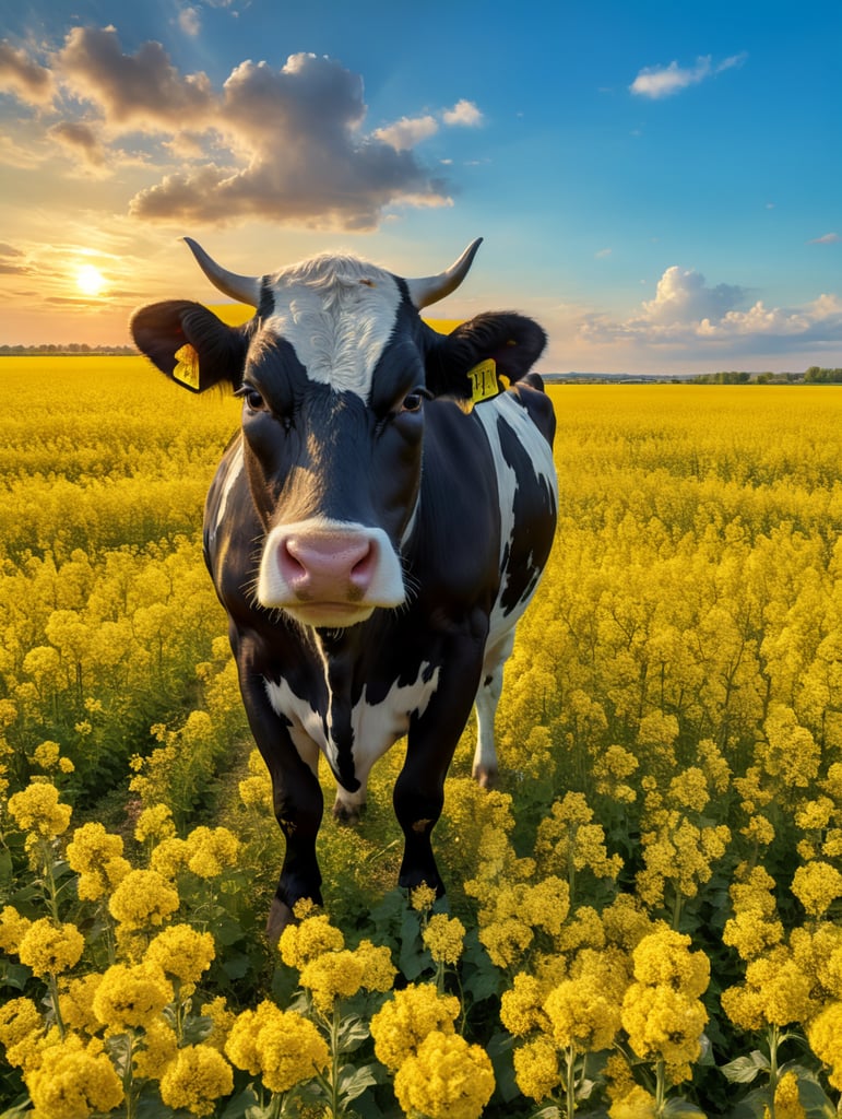A white cow with black spots stands on the rapeseed field in the background of a blue sky with white clouds at sunset