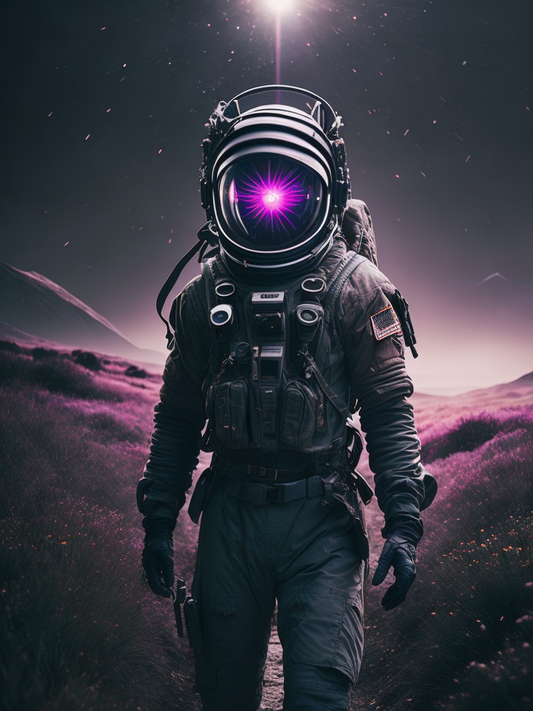 astronauta perdido en el espacio, con un halo de luz magenta que le traspasa el visor del casco, la imagen es de cuerpo completo retro futurista