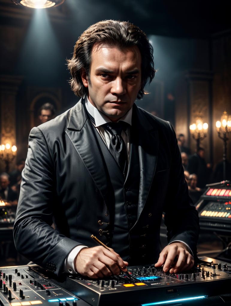 Ludwig van Beethoven in a 18th century black suit making music on a dj table