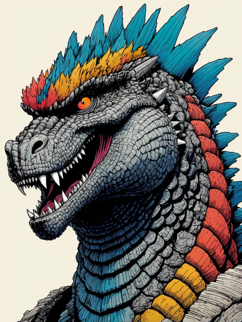 Detailed pen and ink illustration of a godzilla, head only, detailed anthropology, minimalist background, by herge, in the style of tin-tin comics, colorful, detailed, high quality