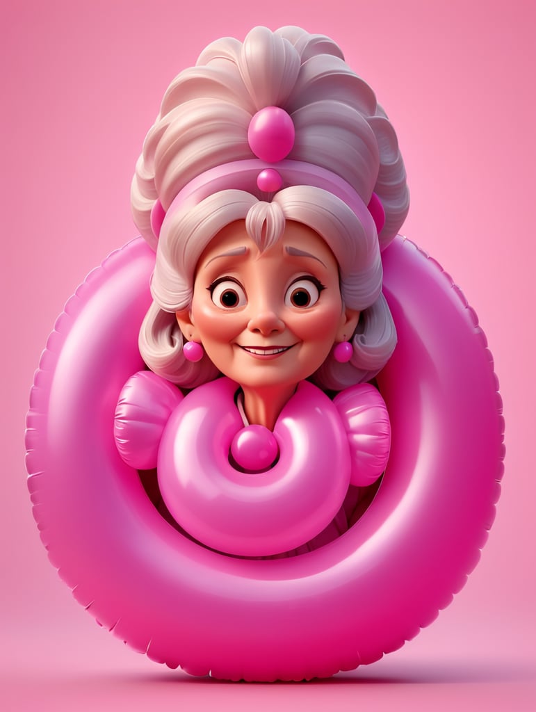 Pretty old women wearing a pink with a pink inflatable ring, isolated on a pink background