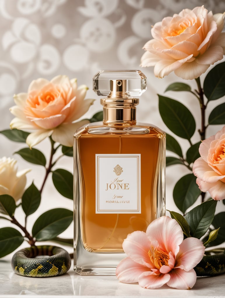 Floral background with modern perfume bottle with blanc white label and snake wrapped around the bottle