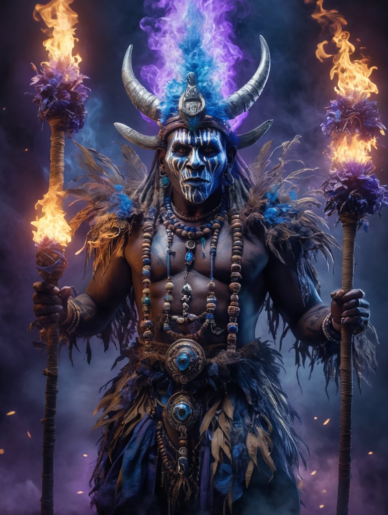 a witch doctor wearing a voodoo mask, surrounded by blue and purple flames, high quality cinematic lighting, fantasy, magical, dreamy, unique