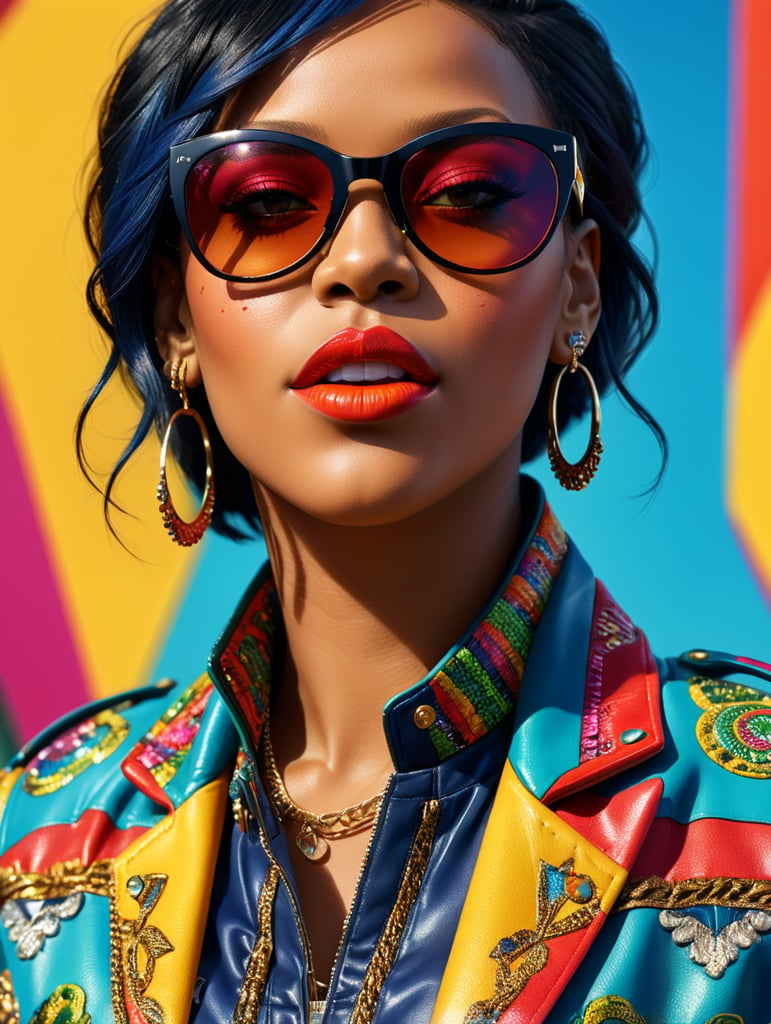 Rihanna wearing a brightly patterned jacket and wayfarer glasses, Vivid saturated colors, Contrast color