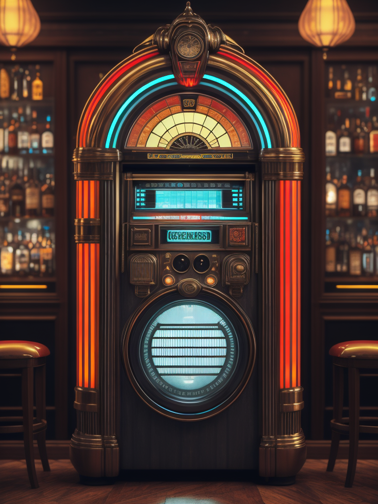 Retro jukebox in a bar, sharp focus, highly detailed,
