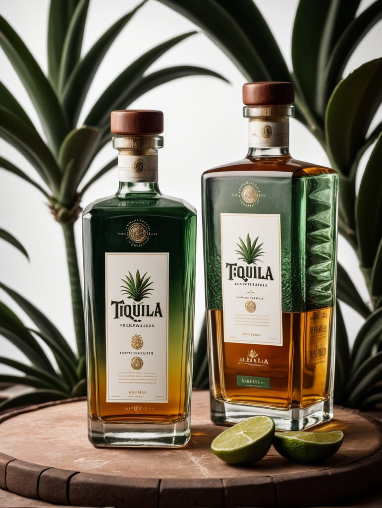 Packaging and branding for a tequila brand as if it had been designed by HI ESTUDIO with In a set design with bricks, aloe and dry leaves.