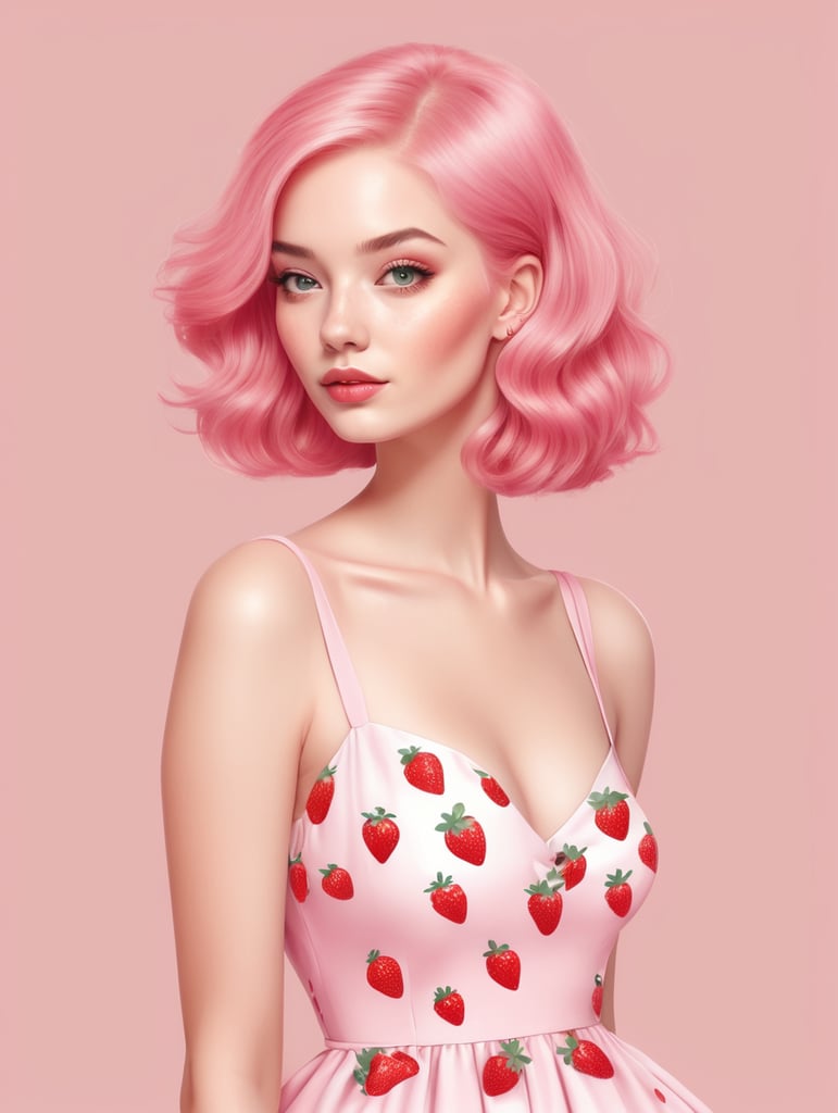 create a 2d vector illustration of a cute woman with pink hair in a pink dress with a strawberry print in a minimalist style