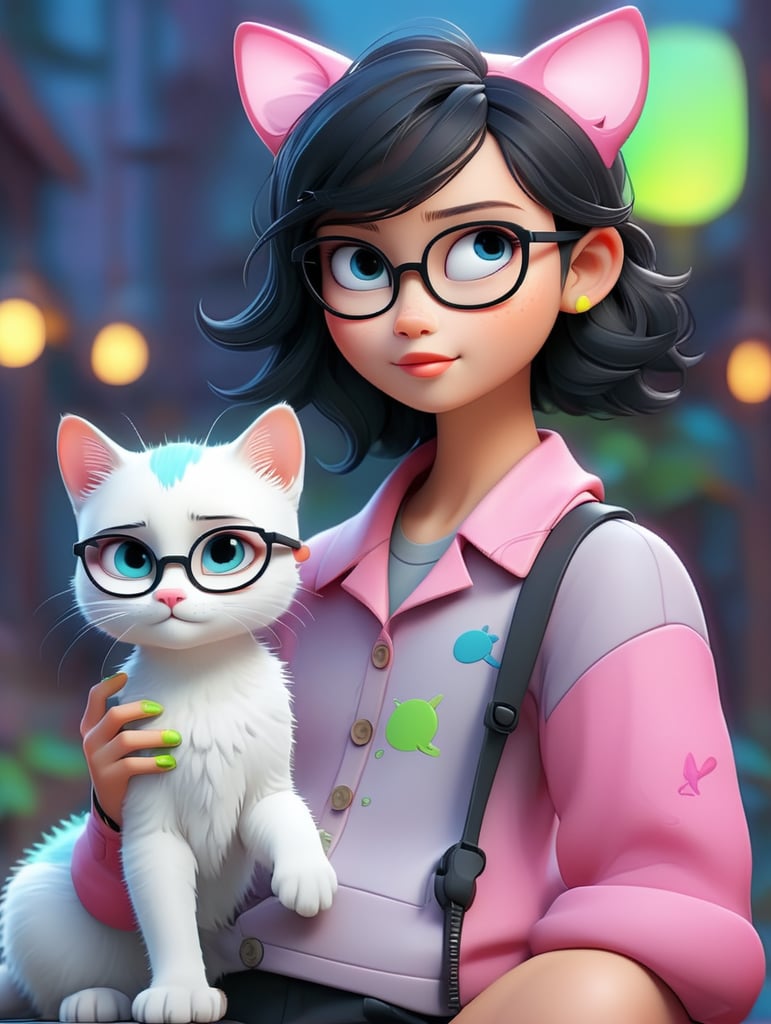 Premium AI Image, modern anime character of Chinese girl AI generated, neon, sunglasses, small cat, lizard