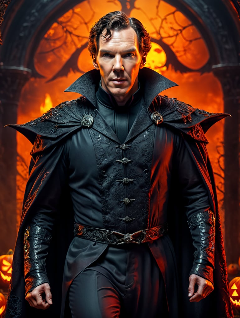 Benedict Cumberbatch wearing spooky Halloween costume, dynamic pose, saturated colors,Spooky theme