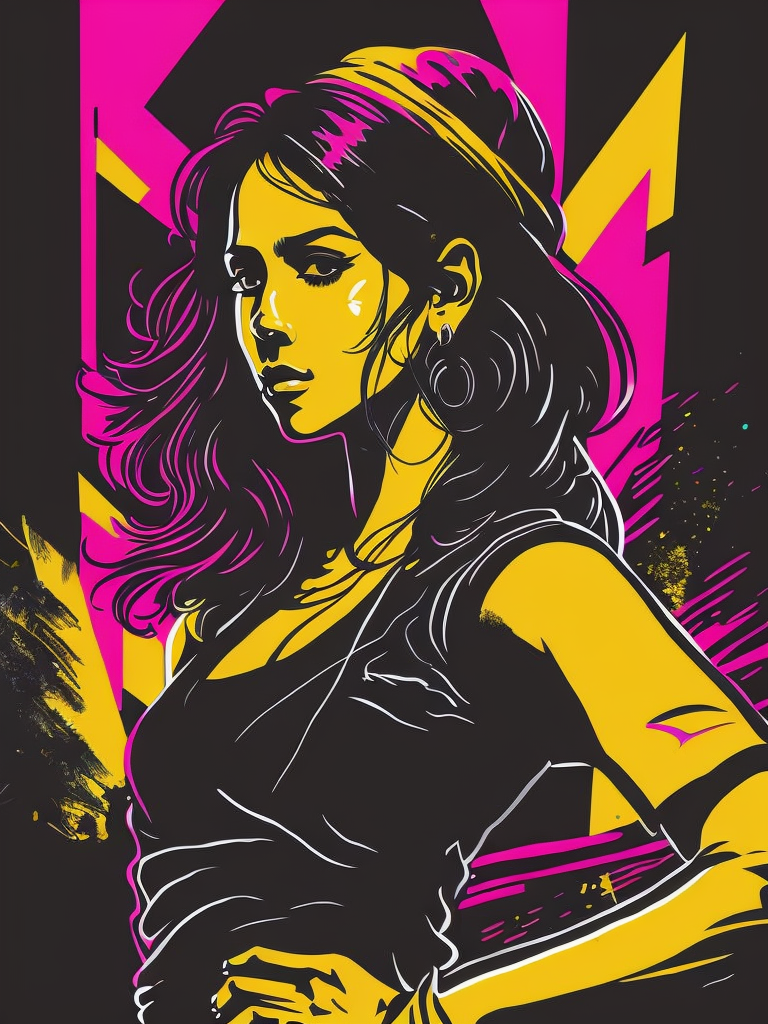 Poster style illustration of a Latina brunette teenage girl in defiant pose with urban art in the background, Mexico City. Street art style, poster, Banksy style. neon colors, rim light