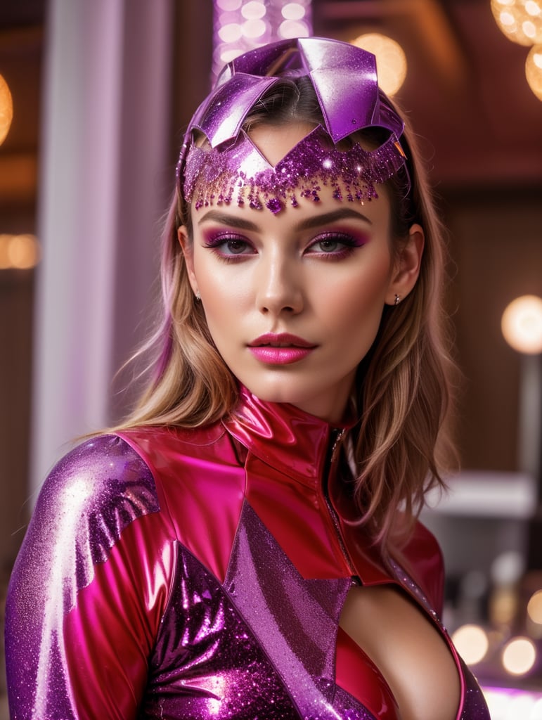 Super Model wearing bright purple latex and glitter