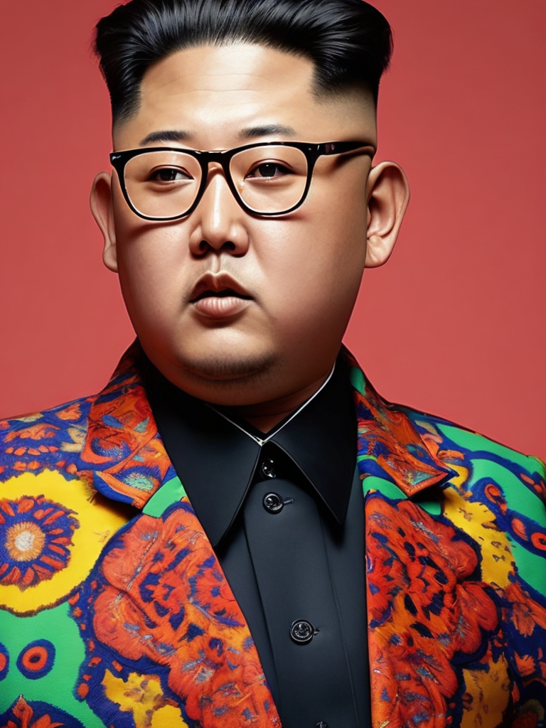 Kim Jong Un wearing a brightly patterned jacket and wayfarer glasses, Vivid saturated colors, Contrast color