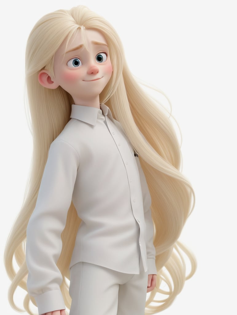 Young pale man, very long blonde straght hair