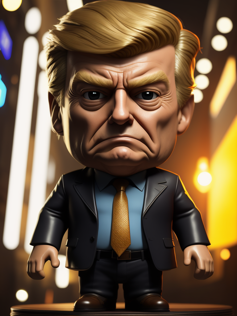 Donald Trump as jake peralta from the tv show brooklyn nine-nine, bobble, head, funko pop art, hyper detailed, professional lighting, film lighting, 35mm, 50mm, ray tracing, unreal engine 5, zbrush