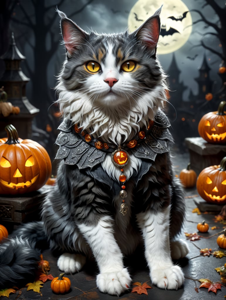 a cat named knopa gray wool, white paws, Halloween theme