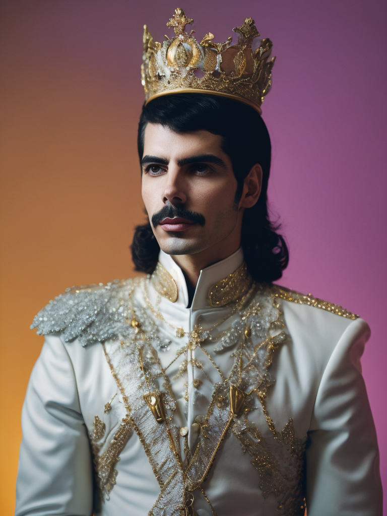 Portrait of Freddie Mercury wearing the Queen's crown, royal mantle, Vivid saturated colors, Contrast light, studio photo, professional photo, Detailed image, detailed face