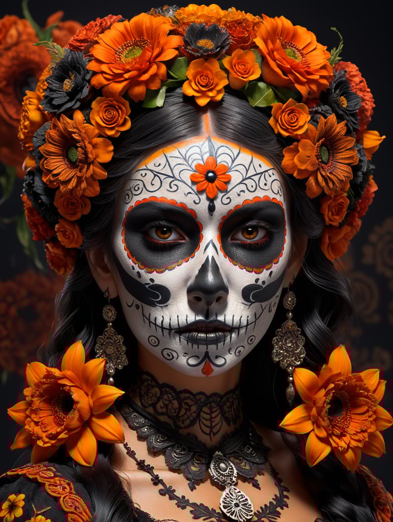 black, burnt orange, mexican, day of the dead make up, flowers 3d style