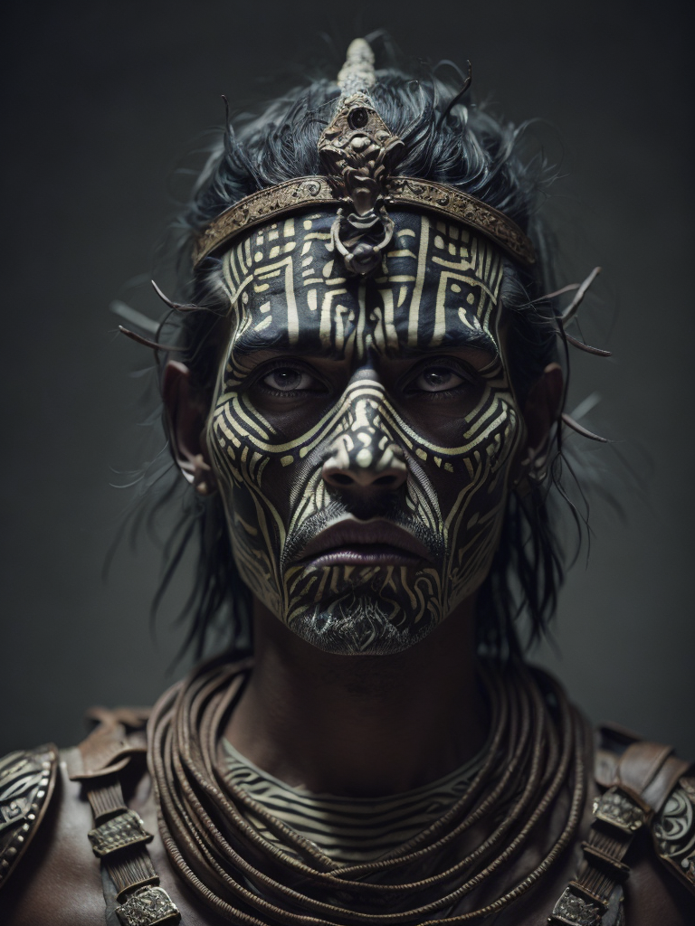 In this powerful and evocative image, mictlantecuhtli, the ancient aztec god of the underworld, emerges in all his ominous glory. rendered predominantly in stark black and white, with subtle gradations of gray, the depiction showcases the deity's menacing presence and serves as a testament to his authority. mictlantecuhtli's face embodies an intense fury, with furrowed brows and eyes ablaze with anger. his facial features are sharp and defined, with deep-set eye sockets that pierce through the darkness. elongated, bony structures form his skeletal visage, accentuating the otherworldly nature of his being. jagged teeth, stained and yellowed, protrude menacingly from his mouth, capturing his ferocity and instilling fear in those who behold him. the environment surrounding mictlantecuhtli reflects the essence of his era, transporting us to the aztec underworld known as mictlan.