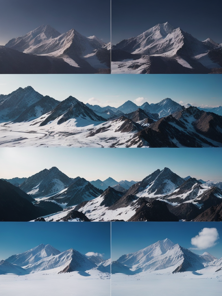 Breathtaking view of a snowy mountain range, with crisp clear air and a brilliant blue sky, serene, peaceful, majestic, high detail, winter landscape
