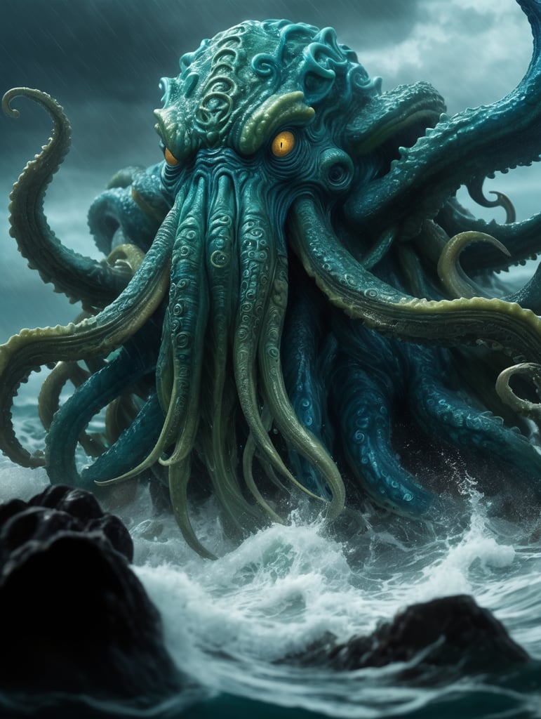 Cthulhu emerging at a stormy,ocean high-quality details, deep focus, professional shot aqua blue rim light vibrant colors