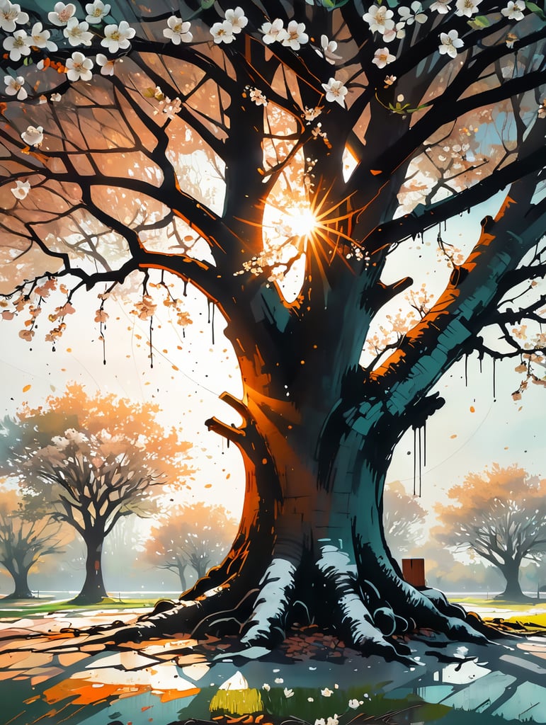 Apple tree covered in white blossom in springtime with early morning sun and dew.