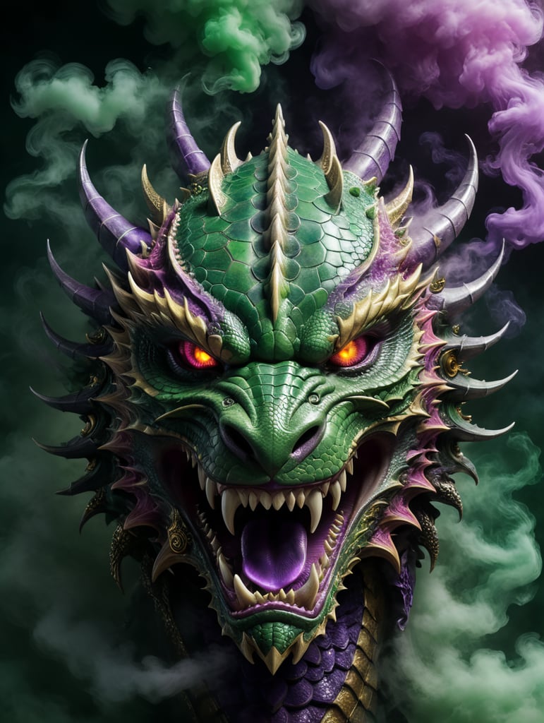 masterpiece, best quality, high resolution, close-up, mystical, dragon head, dark green and purple smoke background, ornate design surrounding the main image