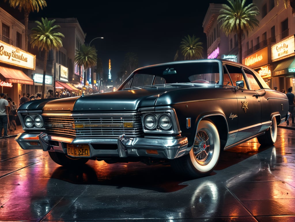 Lowrider car on hollywood boulevard by night