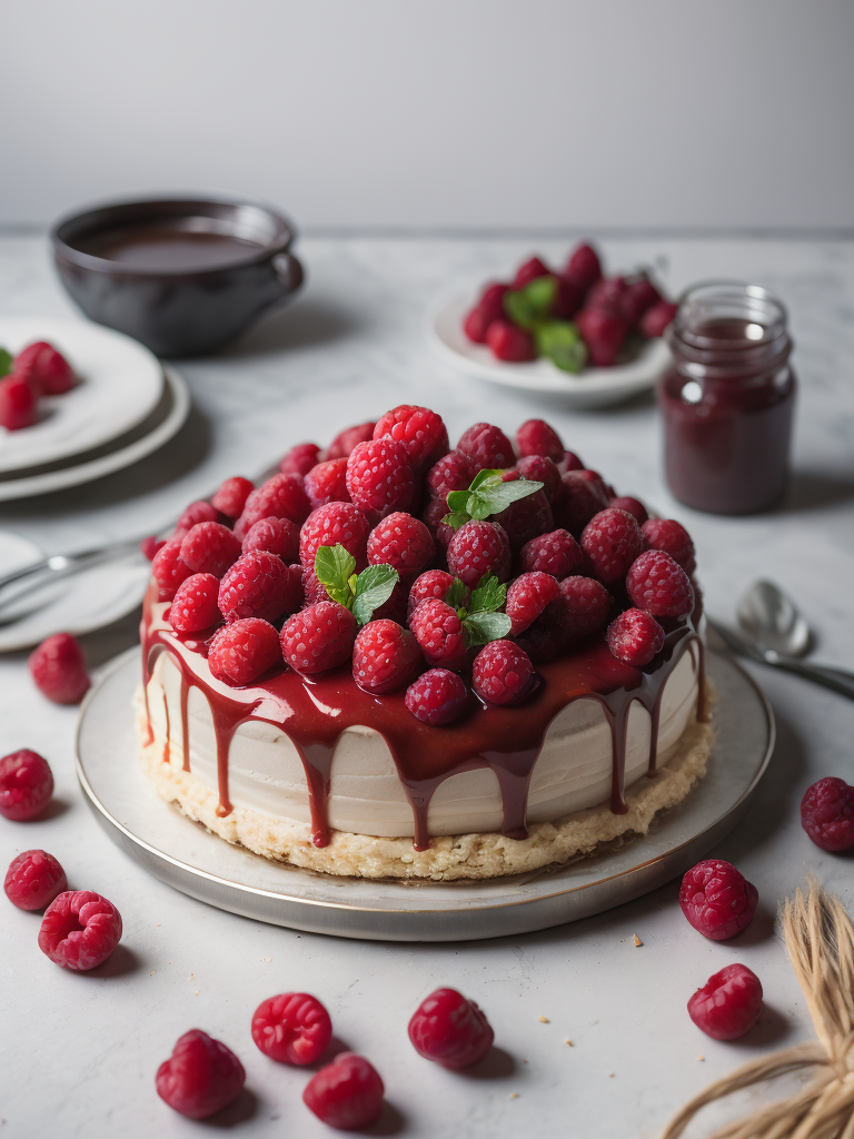 Cake with raspberries, provence atmosphere, dramatic Lighting, Depth of field, Incredibly high detailed