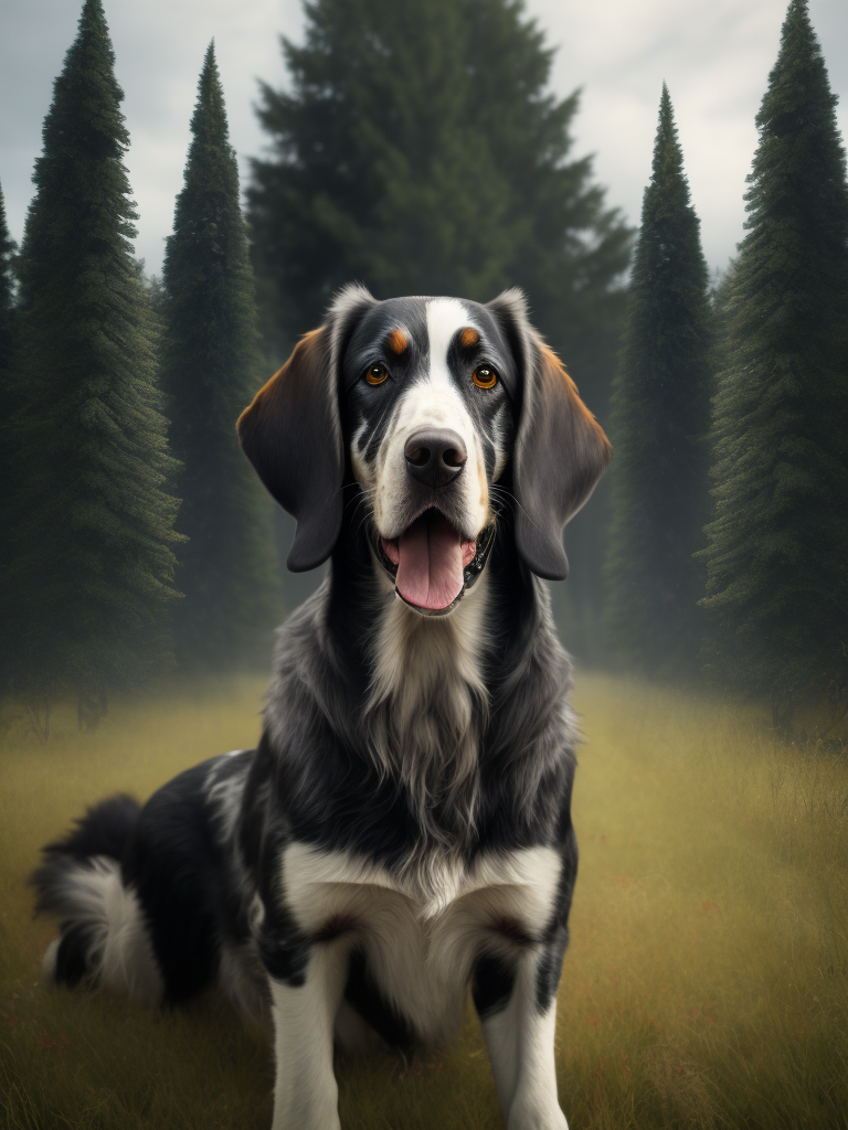 English setter dog portrait surrounded by fir tree forest in black metal outfit