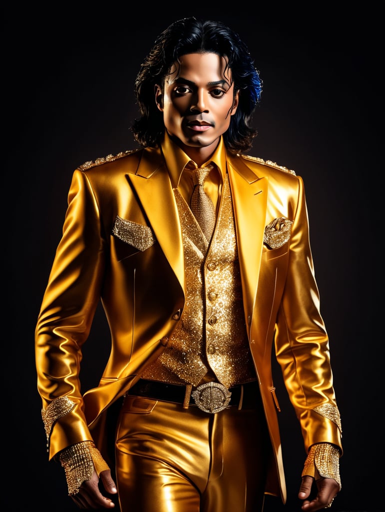 Portrait of Michael Jackson dressed in golden chrome suit, dark gradient background, Vivid saturated colors, Contrast light, studio photo, professional photo, Detailed image, detailed face