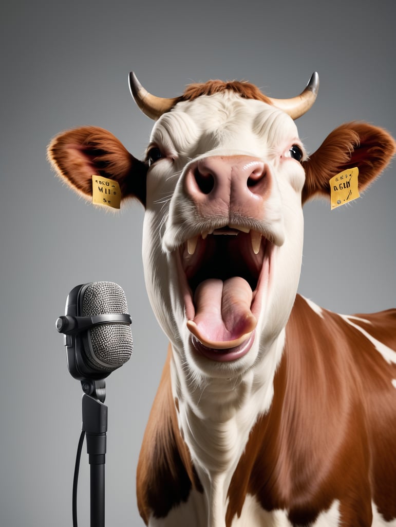 lose-up portraits, laughing hysterical cow with a recording microphone, simple background, clear focus, studio photography, by Leibovitz