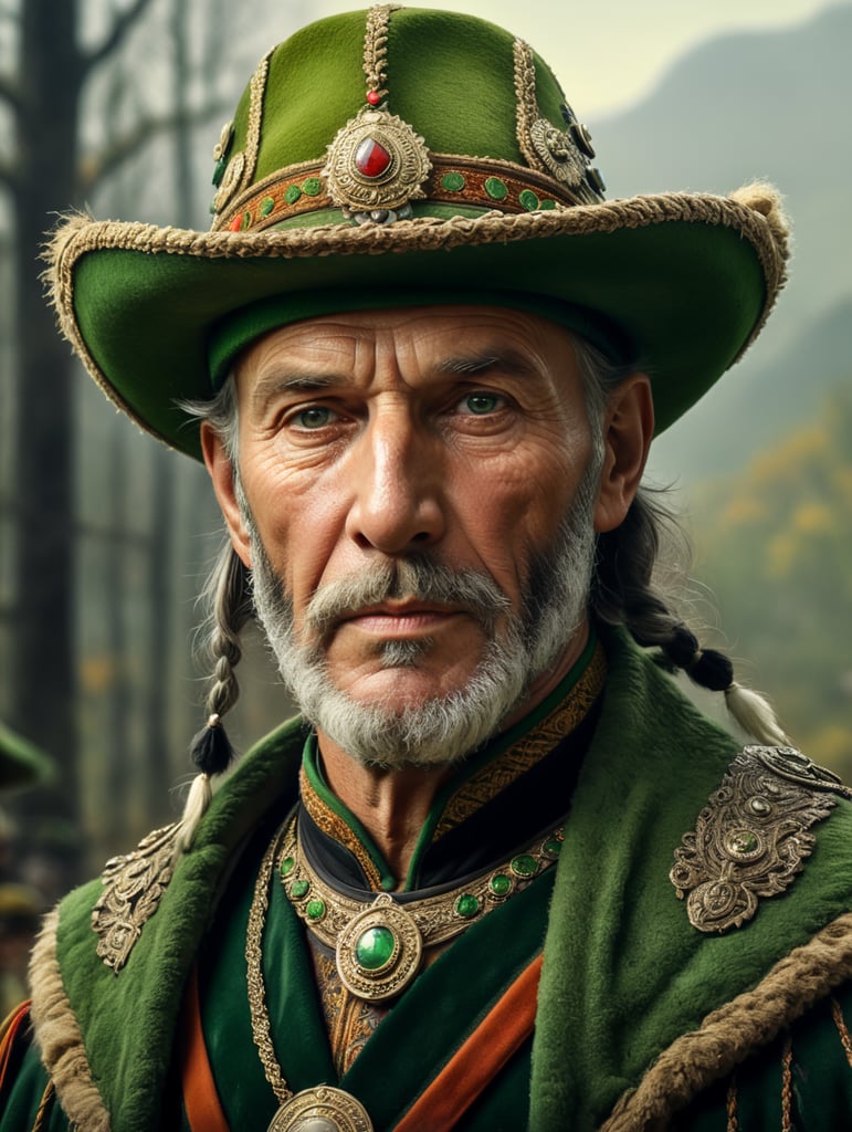 Retro portrait, an old Austrian hunter wearing Green Tryolean Hat and traditional costume