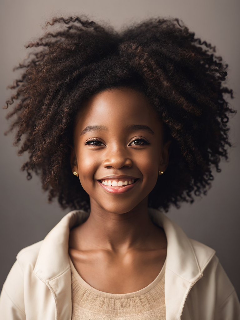 Smiling black woman, afro, award winning children's book illustration style, 2d illustration, white background, front view, vector