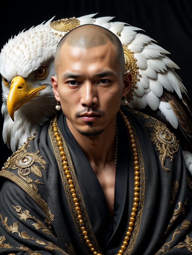 birds-eye-view, Alex Webb style, Asian Skinhead male model with a eagle in a dark room wearing Oversized blanket made by silver yellow beads mixed wool, pearl, glass, cotton, plastic, thread, glitter, blurry details, Slow shutter photo, body language, surreal fashion photography, Contax G2, hyper realistic